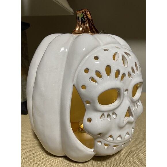 Halloween White Ceramic Lighted 11” Tall Sugar Skull Pumpkin Decoration - Picture 5 of 8
